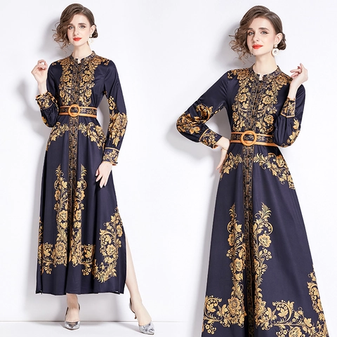 Abito Maxi Elegante Con Stampa Floreale Barocca Collo Alla Coreana Maniche Lunghe Bottoni Spacco E Cintura Donna