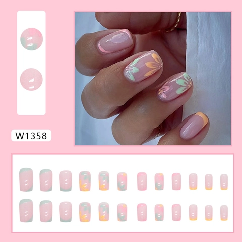 Französischer Stil Blumen Press On Nails Kontrastfarbe Glänzend Eckig Rund Süße Dame Maniküre Künstliche Nägel