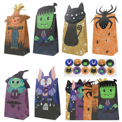 Sacs Cadeaux De Fête D'Halloween En Papier Kraft Blanc Sacs D'Emballage Alimentaire Motif Dessin Animé Frankenstein Chauve-Souris Chat