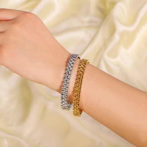 Stainless Steel Cuff Bangle Watch Strap Texture 18K Gold Plated Open Adjustable Minimalist Jewelry For Women