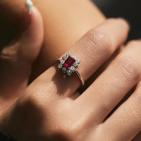 Anillo Halo de Plata de Ley 925 Con Circonia Roja para Mujer Elegante Vintage Cuadrado Piedra Color Rubí Joyería para Boda Fiesta