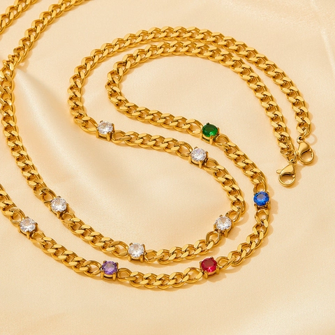 Stainless Steel Cuban Link Necklace With Colorful Cubic Zirconia Round Stones Clavicle Chain Sweet Cool Style For Women