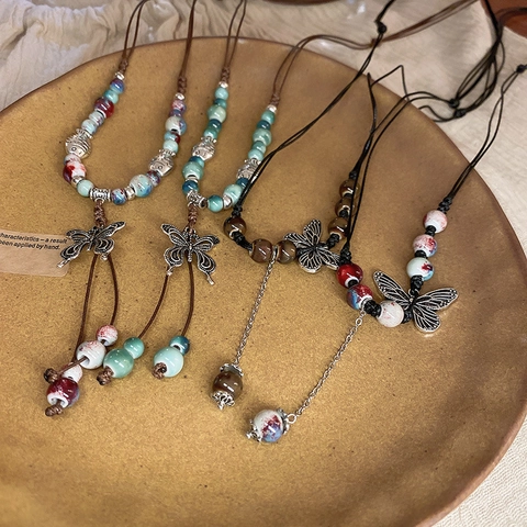 Collier Pendentif Papillon Style Ethnique Vintage Corde Tressée Tissée À La Main Perles Céramique Bijoux Réglables Femmes
