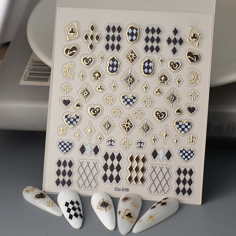 5D Embossed Nail Stickers Self Adhesive Waterproof Gold Stamping Rhombus Checkerboard Heart Star Moon Manicure Decals