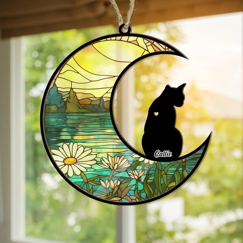 Acchiappasole Gatto Nero Sulla Luna Decorazione Appesa In Acrilico Stile Vetrata Arredamento Finestra Regalo Commemorativo Design Floreale