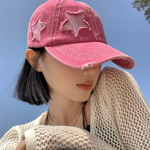 Cappello Da Baseball In Denim Lavato Vintage Patch Stella Con Paillettes Bordo Spezzato Tesa Larga Streetwear Retro Cappello Da Sole