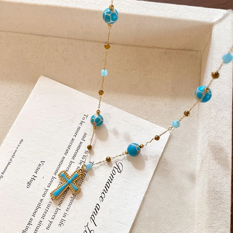 Cross Pendant Necklace Stainless Steel Beaded Stone Holiday Style Fresh Sweet Clavicle Chain For Women Jewelry