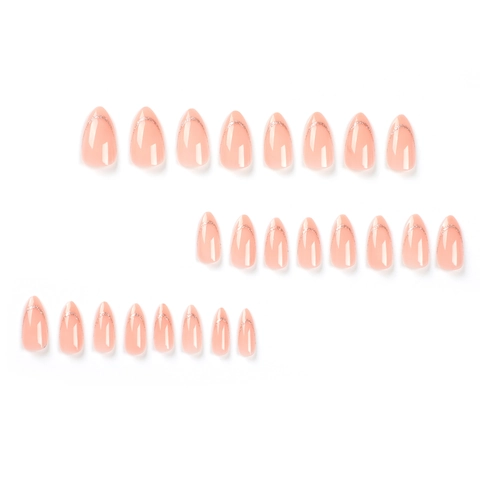 French Style Press On Nagels Nude Roze Glanzend Met Gouden Glitter Lijn Amandelvorm Kunstnagels Elegante Manicure