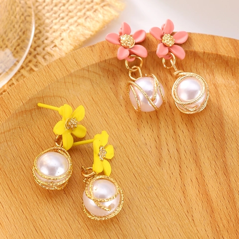 Frische Legierung Blume Künstliche Perle Ohrstecker Mit Edelstahl-Ohrringpfosten Pastorale Tulpe Rose Ohrringe Für Damen
