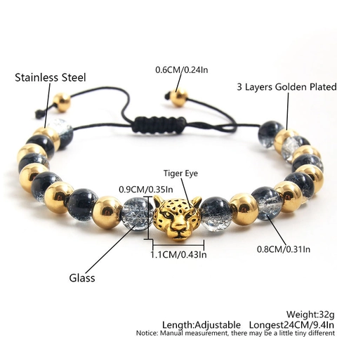 Perlenarmband Edelstahl Natur Tigerauge Herz Leopard Anhänger Verstellbares Gewebtes Seil Schmuck Geschenk