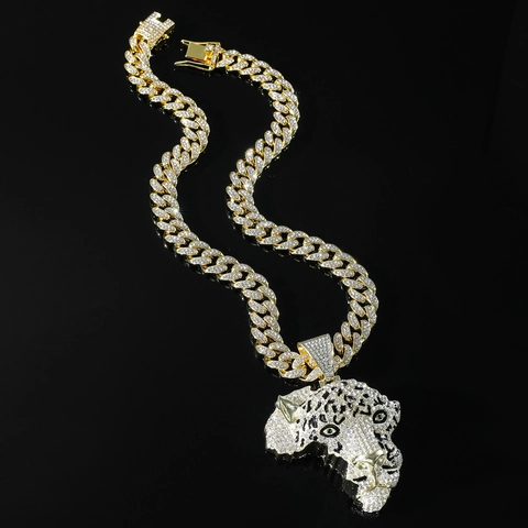 Herren Hip Hop Iced Out Leopard Kopf Afrika Karte Anhänger Halskette Legierung Strass Kubanische Kette Rock Schmuck