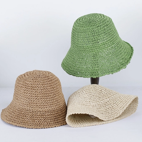 Women Straw Bucket Hat Paper Handwoven Breathable Sun Protection Foldable Summer Beach Fisherman Hat Minimalist