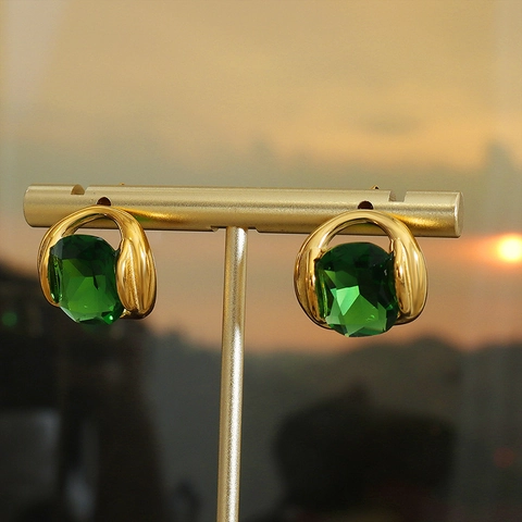 Collana E Orecchini In Cristallo Verde Smeraldo Acciaio Inossidabile Placcato Oro 18K Elegante Vintage Da Donna