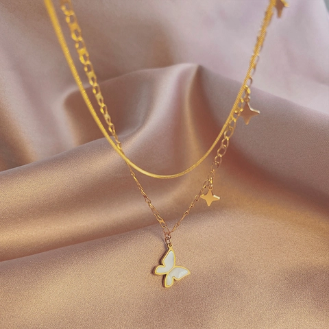 Layered Stainless Steel Butterfly Star Necklace For Women Gold Double Layer Snake Chain Alloy Pendant Sweet Elegant Jewelry