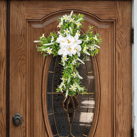 Ghirlanda A Croce Di Gigli Artificiali Appendiporta Con Foglie Verdi Base In Legno Per Pasqua Decorazione Religiosa