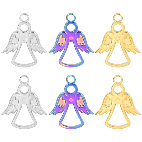 Collar Con Colgante De Ángel Acero Inoxidable Chapado En Oro De 18K Corazón Hueco Ala Arcoíris Colorido Pulido Joyas Mujer