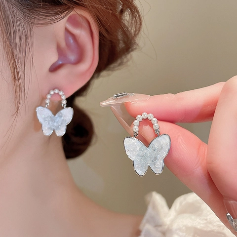 Asymmetric Flower Butterfly Earrings With 925 Sterling Silver Earring Post Imitation Artificial Pearl Long Tassel Elegant For Women