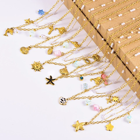Collar De Capas Tema Oceánico Acero De Titanio Chapado En Oro Colgante De Concha Estrella De Mar Perla Artificial Joyería Bohemia