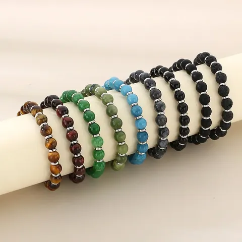 Natur Tigerauge Lavastein Perlenarmband Mit Metallabstandshaltern Elastisches Unisex Minimalistischer Schmuck