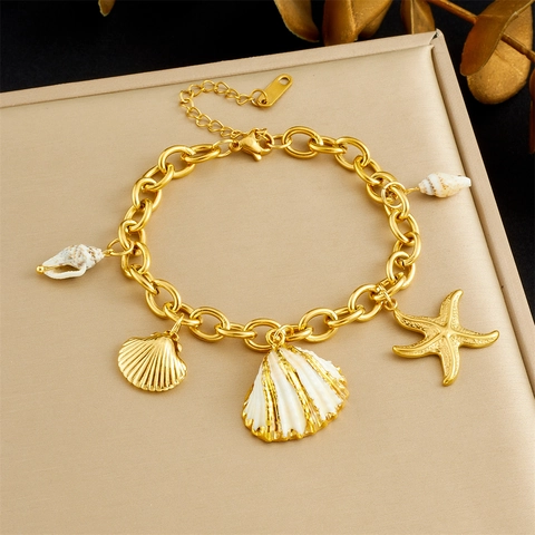 Pulsera De Dijes Oceánicos Chapada En Oro Acero Inoxidable Concha Natural Estrella De Mar Joyas De Verano Para Mujer