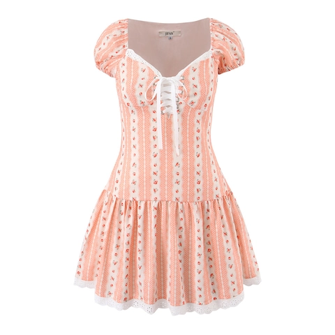 Vestito Mini Floreale Maniche a Sbuffo Allacciatura Collo Quadrato Orlo a Volant Retro Dolce Francese Estate