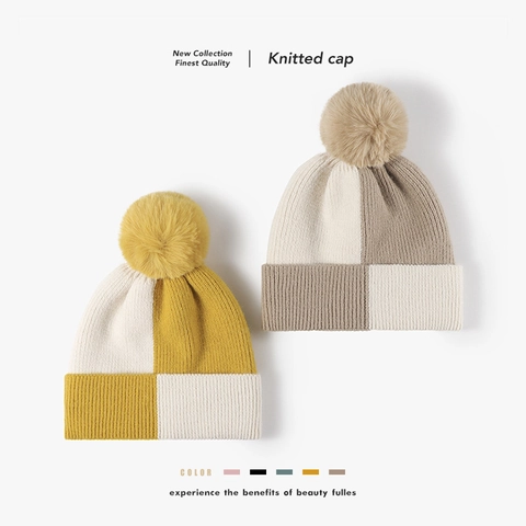 Gorro De Invierno Mujer Tejido Forro Polar Cálido Con Pompón Bloque De Color Gorro De Punto Grueso