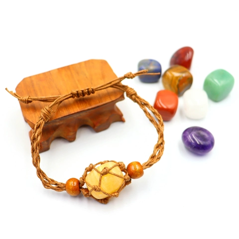Handgeflochtene Netzkäfig Halskordel Verstellbarer Steinhalter Armband Mit Holzperlen Böhmischer Ethno Schmuck