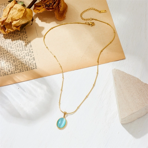 Light Blue Cat Eye Stone Pendant Necklace 18K Gold Plated Stainless Steel Beaded Satellite Chain For Women Vintage
