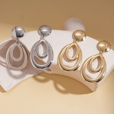 Alloy Geometric Teardrop Earrings With 925 Sterling Silver Earring Post Double Layer Hollow Smooth Metallic Statement Fashion