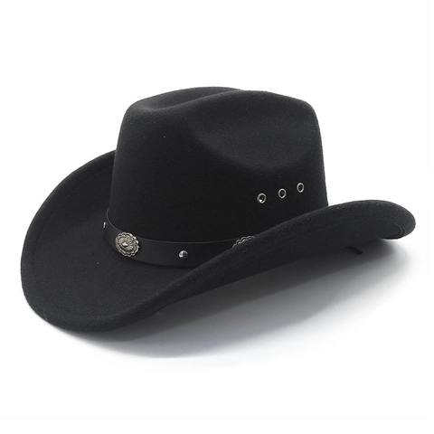 Vintage Western Cowboy Hat Cotton Polyester Felt Wide Brim With Metal Conchos Decorative Band For Men Women