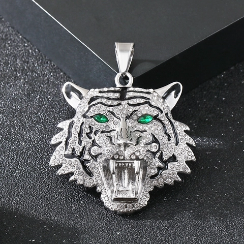 Tiger Head Pendant Necklace Stainless Steel Green Eyes Rhinestone Hip Hop Punk Rock Personalized Jewelry For Men