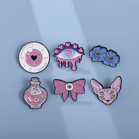 Gothic Eye Enamel Brooches Zinc Alloy Cartoon Cat Potion Bottle Flower Bow Badge Jewelry For Jackets Bags Women Men Gift