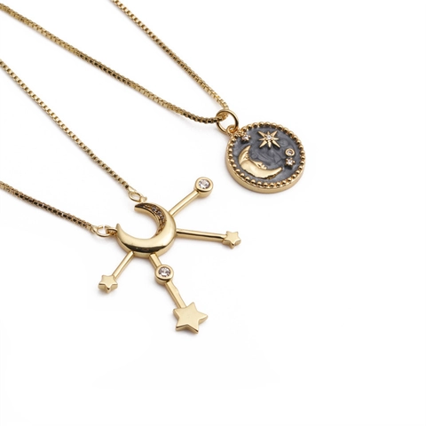 Collana Con Pendente Luna E Stella Rame Placcato Oro Zircone Gioielli Di Moda Per Donna