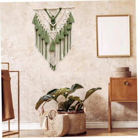 Macrame Wall Hanging Hand-Woven Cotton Rope Tapestry With Wooden Rod Tassel Fringe Bohemian Decor For Home Living Room