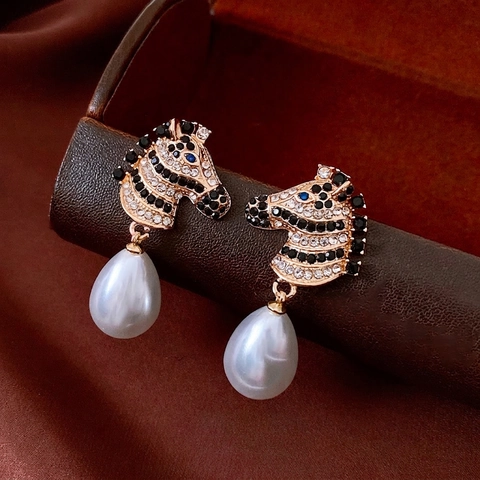 Orecchini A Goccia Testa Di Zebra Con Künstliche Perle Finte E Strass Perno In Argento Gioielli Vintage Di Lusso Per Donna