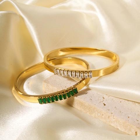 Geometric Bangle 18K Gold Plated Stainless Steel Rectangular Zircon Inlaid Hinged Bracelet Fashion Jewelry For Women