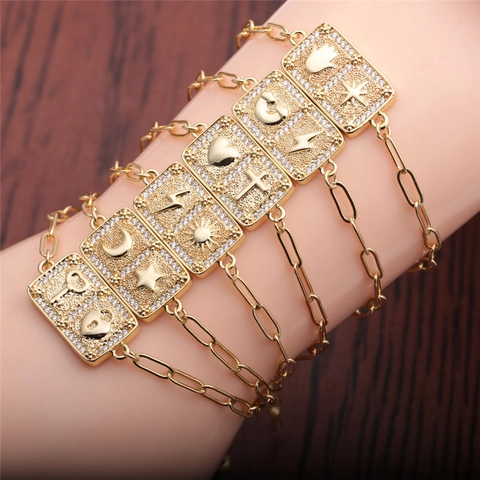 Bracciale Hip Hop Con Zirconi Rame Placcato Oro Catena A Graffetta Fulmine Luna Croce Gioielli Per Donne