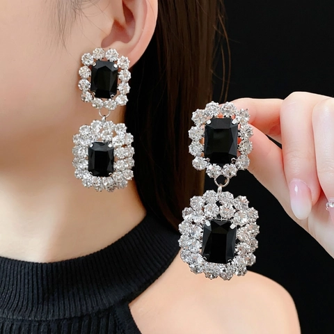 Statement Drop Earrings With Silver Earring Post Alloy Black Gemstone Zircon Rhinestone Geometric Rectangle Vintage Luxury