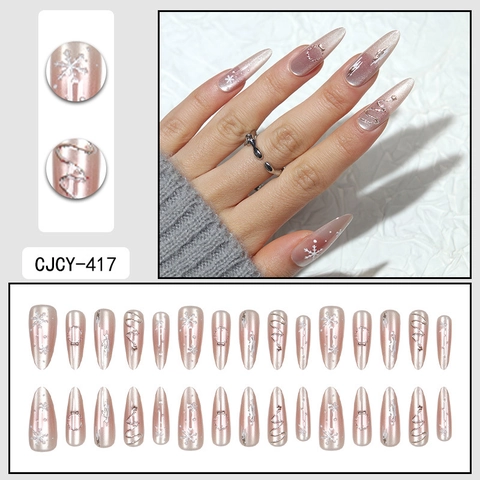 Uñas Postizas Largas Almendra Efecto Magnético Ojo De Gato Patrón Copo De Nieve Relieve Tema Navidad Manicura Invierno Elegante