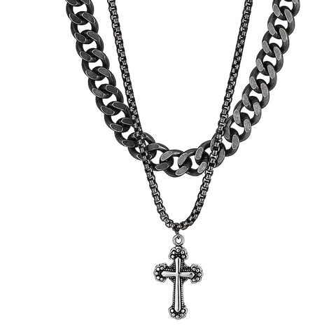 Double Layer Stainless Steel Necklace For Men With Cross Pendant Cuban And Box Chain Hip Hop Streetwear Jewelry