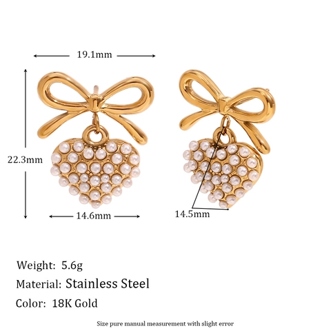 Stainless Steel Bowknot Heart Pendant Stud Earrings With Faux Artificial Pearl Elegant French Retro Gold Plated Jewelry For Women