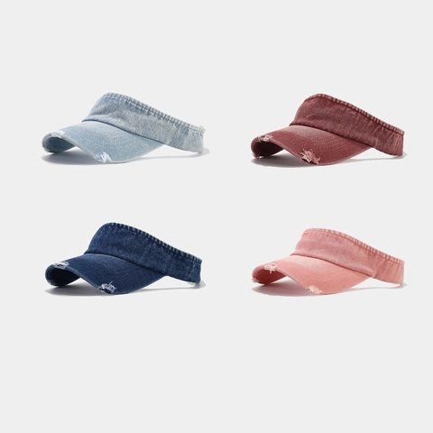Visière En Jean Lavé Distressed Effiloché Sans Calotte Réglable Streetwear Décontracté Extérieur Protection UV Respirant