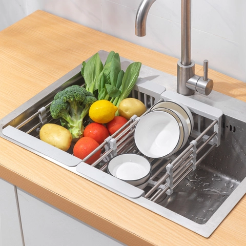 Telescopic Sink Drain Rack Stainless Steel And PP Expandable Dish Drying Basket For Kitchen Fruits Vegetables Storage