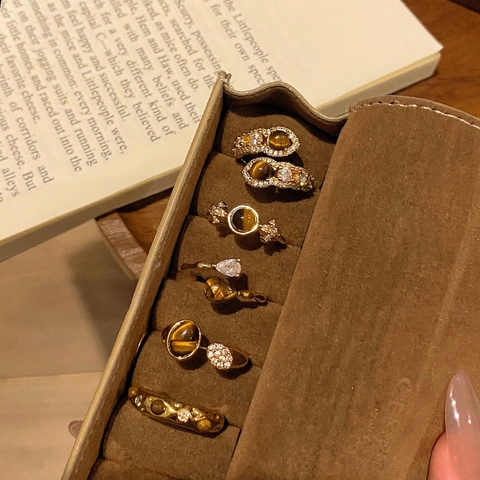 Tiger's Eye Ring 18K Gold Plated Retro Vintage Geometric Open Adjustable Finger Jewelry For Women Luxury Maillard Style