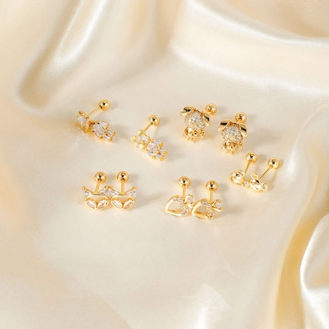 Orecchini a Bottone in Rame Zirconia per Donna Cartone Animato Robot Ape Orso Gatto Disegni Placcato Oro Gioielli Moda