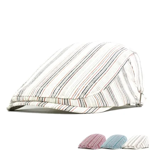 Coppola Ivy A Righe Misto Cotone Lino Fibbia Regolabile Traspirante Retro Cappello Newsboy Uomo Donna Unisex