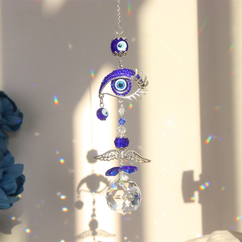 Evil Eye Crystal Suncatcher Hanging Ornament Turkish Nazar Rainbow Maker Garden Window Decor Silver Metal Butterfly Prism