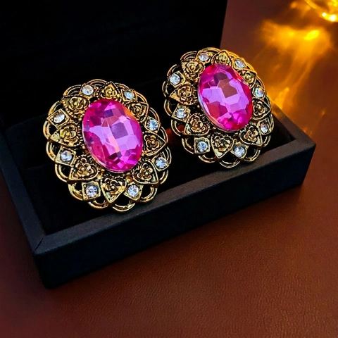 Vintage Baroque Stud Earrings For Women With Silver Earring Post Pink Oval Gem Rhinestone Hollow Out Floral Luxury Style