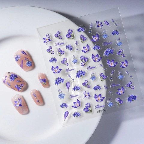 Autocollants Art Des Ongles 5D Fleurs Violettes Relief Imperméable Adhésif Lavande Décalcomanies Ultra Mince Manucure Pour Femmes DIY Élégant