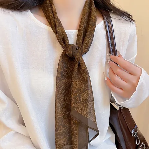 Paisley Print Fabric Scarf Necklace Vintage Brown Satin Feel Long Neck Jewelry Elegant Accessories For Women